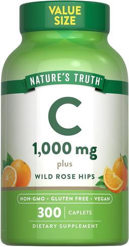 Nature's Truth, 비타민C 1000mg, 로즈 힙 캡슐 함유 | 300 개 | 비건, 유전자 변형 성분 무함유 및 글루텐 프리 보충제 이미지