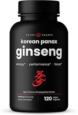 NutraChamps Korean Red Panax 인삼 캡슐 | 에너지, 집중력, 성능, 활력 및 면역 지원을 위한 초강력 진세노사이드 | 한국 인삼 뿌리 추출물 (120, 레드) 이미지
