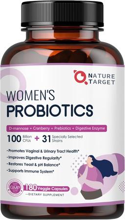 NATURE TARGET Probiotics for Women, 100 Billion CFUs Probiotic with Digestive Enzymes & Prebiotics, Vaginal Probiotics with Cranberry for Urinary Tract Health, pH Balance, 180 Veggie Capsules 이미지