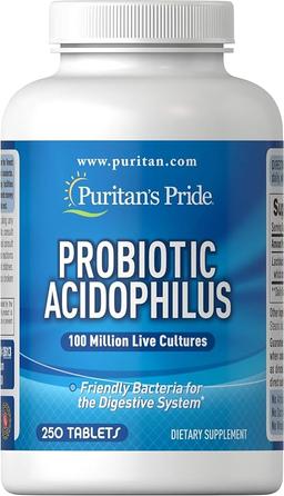 Puritan's Pride Daily Probiotic Acidophilus, 100 Million Live Cultures, Dietary Supplement for Digestive, Gut, and Immune Health, Soy, Sodium, and Gluten Free, 8 Month Supply, 250 Tablets 이미지