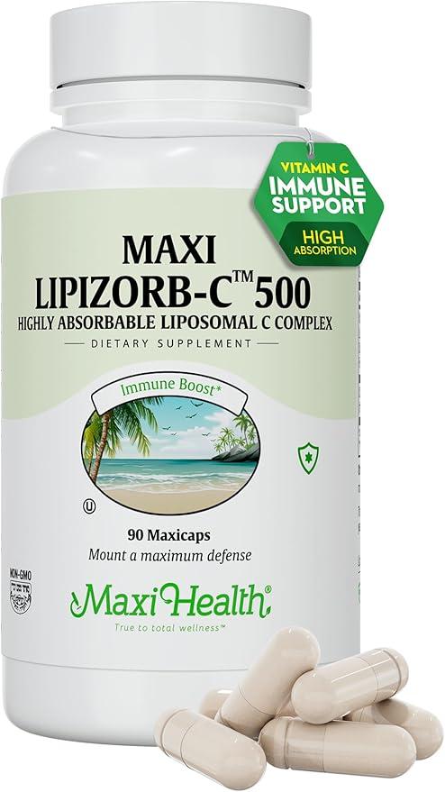 Maxi Health, 리포솜 비타민 C 500mg 캡슐, 소화 혼합물, 흡수율이 높은 고용량 비타민C, 유전자 변형 성분 무함유 코셔 채식 의사 조형 면역 지원 보충제 (90개입)