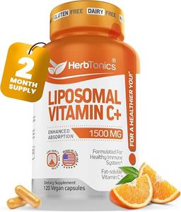 리포솜 비타민 C 캡슐 1500mg 면역 지원 보충제 | 면역 체계 건강 | 고흡수 비타민C | 콜라겐 함유 | 120 비건 캡슐, 유전자 변형 성분 무함유 이미지