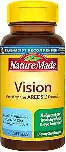 Nature Made Vision Based the AREDS 2 포뮬라, 루테인 및 제아잔틴이 함유된 눈 비타민, 비타민 C, 비타민 E, 아연 및 구리로 건강한 시력 및 눈 기능 지원, 소프트젤 60개, 30일 분량 이미지