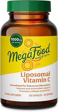 MegaFood, 리포솜 비타민 C, 1회 제공량당 1000mg - 콜라겐 생성 및 면역 지원 보충제 - 고효능 포뮬러 - 우수한 흡수 및 위장에 순함 - 120 비타민 C 캡슐, 60회 제공량 이미지