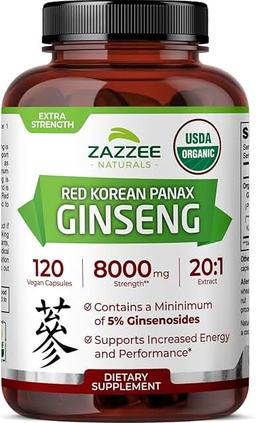 Zazzee USDA 유기농 레드 코리안 인삼 20:1 추출물, 강도 8000mg, 진세노사이드 5%, 비건 캡슐 120개, 표준화 및 농축 뿌리 추출물 20개, 100% 채식주의자, 천연 성분, GMO 프리 이미지