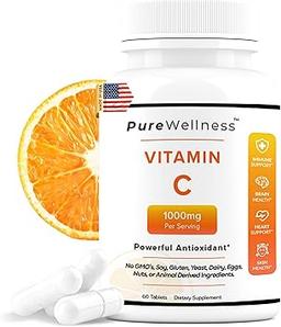 Purewellness - 비타민 C 1000mg 정제 | 비타민 C 정제: 고효능 면역 지원 및 항산화 보호 | 건강한 피부, 콜라겐 생성 및 전반적인 건강 증진 | 120 캡슐 이미지
