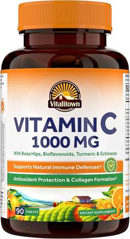 Vitalitown 비타민 C 복합체, 1000mg, 로즈 HIPS, 바이오플라보노이드, 강황 및 에키네시아, 데일리 면역 지원, 콜라겐 부스터 및 강력한 항산화제, 비건, 90정 이미지