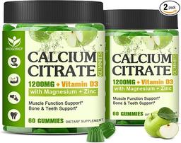 여성 및 남성을 위한 비타민 D3가 함유된 칼슘 시트레이트 1200mg 보충제 구미 - 뼈, 치아, 면역 지원에 좋은 씹어먹는 칼슘, 마그네슘, 아연 D3, K2 보충제, 사과맛 - 60개 구미 (2개입) 이미지