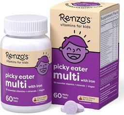 Renzo's Picky Eater Kids Multivitamin with Iron, Dissolving Kids Vitamins with Vitamin D3 & K2 and More, 60 Sugar-Free Melty Tabs, Cherry Mo’ Cherry Flavored 이미지