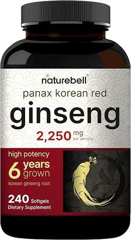 NatureBell 한국 홍삼 1회 제공량당 2,250mg, 소프트젤 240개 | 인삼 뿌리, 10% 진세노사이드로 표준화, GMO 프리, 에너지, 남성 기능 및 면역 체계 지원 이미지