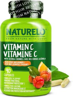 유기농 아세로라 체리 추출물 및 시트러스 바이오플라보노이드 함유 NATURELO 비타민 C - 비건 보충제 - 면역 지원 - 캡슐당 500mg VIT C - 유전자 변형 성분 무함유 - 캡슐 90정 이미지