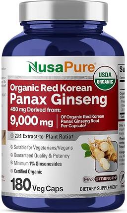 NusaPure Red Korean Panax 인삼 20:1 추출물, 450mg 9,000mg 180 식물성 캡슐 (USDA 유기농, GMO 프리, 비건, 채식주의자, 바이오페린) 이미지