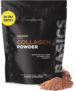 Livingood Daily 여성 및 남성용 초콜릿 콜라겐 파우더, 비타민 C가 함유된 가수분해 콜라겐 펩타이드 파우더, 20가지 아미노산이 함유된 단백질, 타입 I 및 III, 목초 사료, 케토, 팔레오, 글루텐 프리, 30 Srvgs 이미지