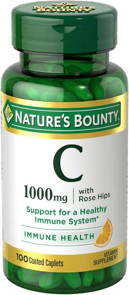Nature's Bounty 비타민 C + 로즈 힙, 면역 지원, 비타민 C 1000mg, 코팅 캡슐, 하루 1회 제공량, 베지 캡슐, 100캐럿 이미지