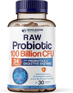 Wholesome Wellness Organic Raw Probiotics 100 Billion CFU, Dr Formulated for Women and Men, Complete Adult Supplement with Prebiotics and Digestive Enzymes; 30 Capsules, Shelf Stable 이미지