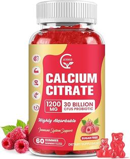 칼슘 시트레이트 구미, 비타민 D3, K2, 마그네슘, 아연 함유 칼슘 1200mg, 뼈, 근육, 면역 강화, 여성 및 남성을 위한 고흡수 칼슘 보충제, 라즈베리 맛, 60개 츄어블 이미지