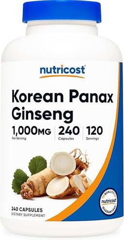 Nutricost 한국 인삼 1000mg 서빙, 240캡슐 - 캡슐 당 500mg, 120회 분량 - 한국 인삼 - 글루텐 프리 및 GMO 프리 이미지