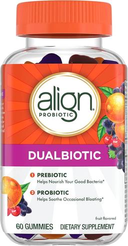 Align Dualbiotic, Prebiotics and Probiotics for Women and Men, Probiotics for Digestive Health, Prebiotics Help Nourish Good Bacteria, Natural Fruit Flavors, 60 Probiotic Gummies 이미지