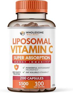Liposomal 비타민 C 캡슐 (200 알약 1500 mg 버퍼드) 고흡수 VIT C, 면역 시스템 및 콜라겐 부스터, 고용량 지용성 면역 지원 아스코르빈산 보충제, 천연 비건 이미지