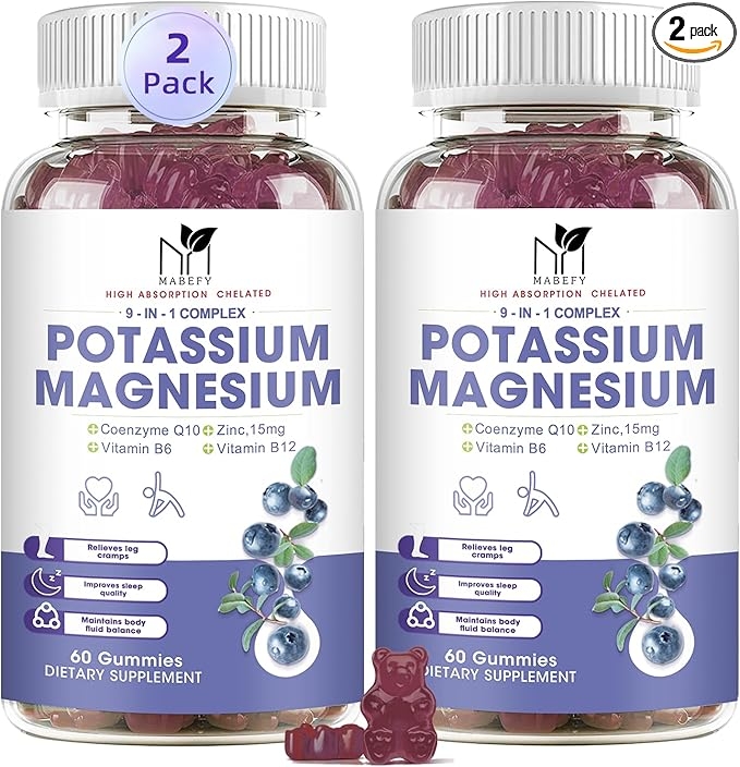 2팩 칼륨 마그네슘 젤리, 무설탕 칼륨 젤리, 마그네슘 글리시네이트 500mg 함유, 씹어먹는 마그네슘 칼륨 보충제, 칼슘, 아연, 비타민 함유, 다리 경련 및 근육통 완화 상세 이미지