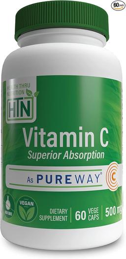 Health Thru Nutrition 비타민-C 500mg PureWay-C 60 베지캡 흡수율 우수 | 건강한 면역 기능 및 콜라겐 지원 | 제3자 테스트 | 비건, 유전자 변형 성분 무함유 및 글루텐 프리 이미지