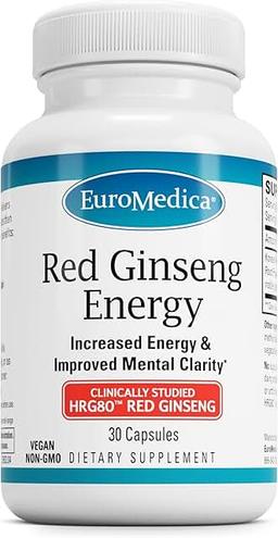 Euromedica 홍삼 에너지 - 건강한 에너지와 집중력을 지원하는 보충제 - 한국 홍삼 뿌리 파우더가 함유된 허브 보충제 - 건강한 지구력을 돕는 비건 태블릿 - 30캡슐 이미지