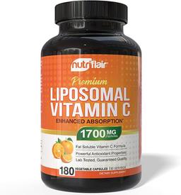 NutriFlair, 리포솜 비타민 C 1700mg, 캡슐 180정 - 높은 흡수, 지용성 VIT C, 높은 생체이용률, 면역 체계 지원 및 콜라겐 부스터, 유전자 변형 성분 무함유, 비건 알약 이미지