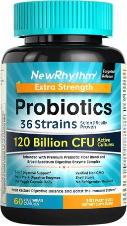 NewRhythm Probiotics 120 Billion CFU 36 Strains, 3-in-1 Probiotics for Digestive Health & Immune Support with Prebiotics & Enzymes, Probioticos for Women & Men, Targeted Release, 60 Veggie Caps 이미지