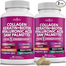 NEW AGE Collagen Pills 비오틴 케라틴 쏘팔메토 히알루론산 - 모발 피부 및 손톱 비타민 및 DHT 차단제, 비타민 E 엽산 호박 씨앗 MSM 포함 - 180개 이미지