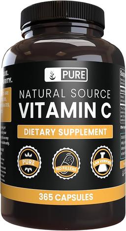 순수 오리지널 성분 비타민 C (365 캡슐) 스테아레이트 또는 쌀 충전제 없음, 글루텐 프리, 비타민 C 무첨가 이미지