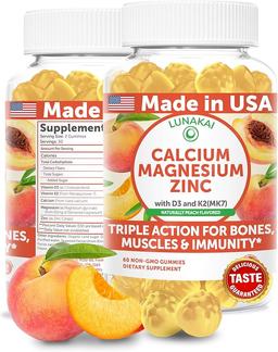 여성, 남성 및 어린이를 위한 마그네슘, 아연, 비타민 D3 및 K2가 함유된 Lunakai USA산 칼슘 젤리 - 뼈, 근육 및 면역 지원을 위한 맛있는 칼슘, 마그네슘, 아연 D3 보충제, 60정 이미지
