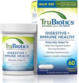 TruBiotics Probiotics for Digestive & Immune Health, Supports Regularity & Helps Relieve Abdominal Discomfort, Gas & Bloating, 2 Clinically Studied Probiotic Strains, Plus Prebiotics, 60 Capsules 이미지