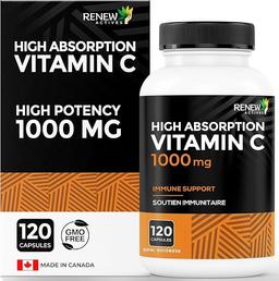 RENEW ACTIVES: 최대 강도 비타민 C, 1회 제공량당 1000MG – 전반적인 건강, 뼈, 치아 및 잇몸을 위한 항산화 및 면역 강화제 – 유전자 변형 성분 무함유, 무설탕, 4개월 분량 – 캐나다산 – 캡슐 120정 이미지