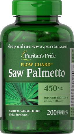 Puritan's Pride Flow Guard™ 톱팔메토 추출물 450mg, 남성 전립선 및 비뇨기 건강 지원을 위한 천연 허브 전통 허브 식이 보충제, 200개 속방 캡슐 이미지