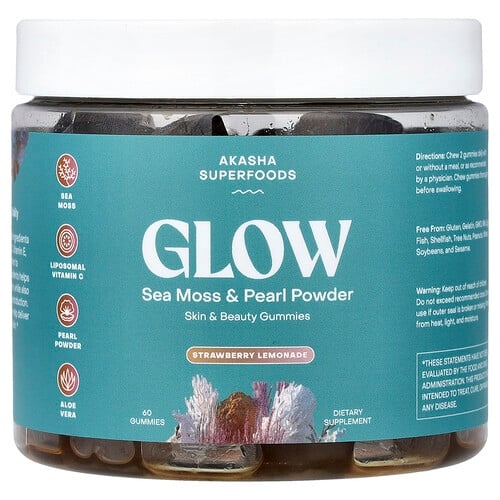 Akasha Superfoods, Glow, 바다이끼 & 진주 분말, 딸기 레모네이드 맛, 구미젤리 60개 상세 이미지