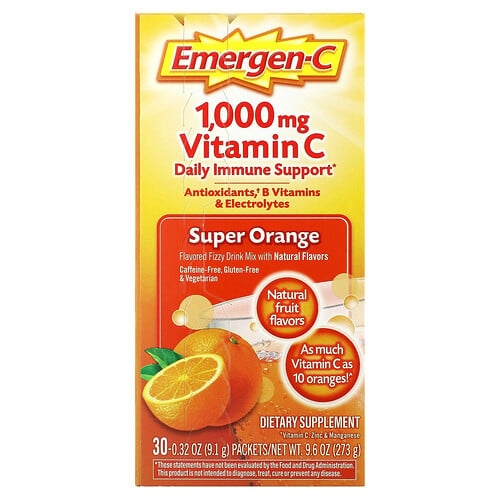 이머전-씨 Emergen-C, 비타민C, 향료 첨가된 발포 드링크 믹스, 슈퍼 오렌지 맛, 1,000mg, 30팩, 개당 9.1g(0.32oz) 상세 이미지