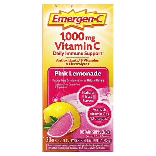 이머전-씨 Emergen-C, 비타민C, 향료 첨가된 발포 드링크 믹스, 핑크 레모네이드 맛, 1,000mg, 30팩, 9.4g(0.33oz) 상세 이미지