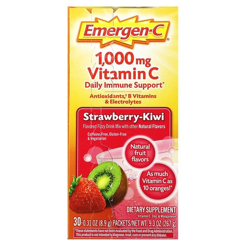 이머전-씨 Emergen-C, 비타민C, 향료 첨가된 발포 드링크 믹스, 스트로베리 키위, 1,000mg, 30팩, 개당 8.9g(0.31oz) 상세 이미지