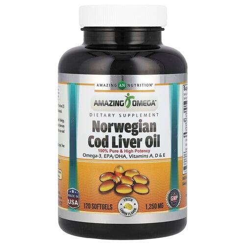 Amazing Nutrition, 노르웨이산 대구 간유, 레몬, 1,250mg, 소프트젤 120정 상세 이미지