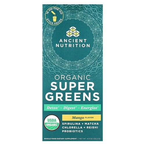 닥터 엑스/엔시언트 뉴트리션 Ancient Nutrition, 유기농 슈퍼 그린, 망고, 휴대용 스틱팩 16개, 개당 7.7g(0.3oz) 상세 이미지