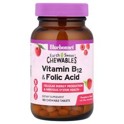 블루보넷 뉴트리션 Bluebonnet Nutrition, EarthSweet 츄어블, 비타민B-12 및 엽산, 천연 라즈베리맛, 츄어블 180정