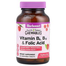 블루보넷 뉴트리션 Bluebonnet Nutrition, Earth Sweet® 츄어블, 비타민B6, B12 및 엽산, 라즈베리 맛, 츄어블 정 60정