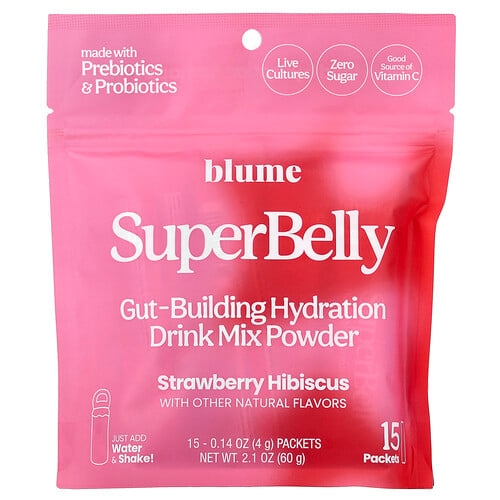 Blume, SuperBelly, 장을 형성하는 수분 보충 드링크 믹스, 딸기 히비스커스, 15팩, 각 4g(0.14oz) 상세 이미지
