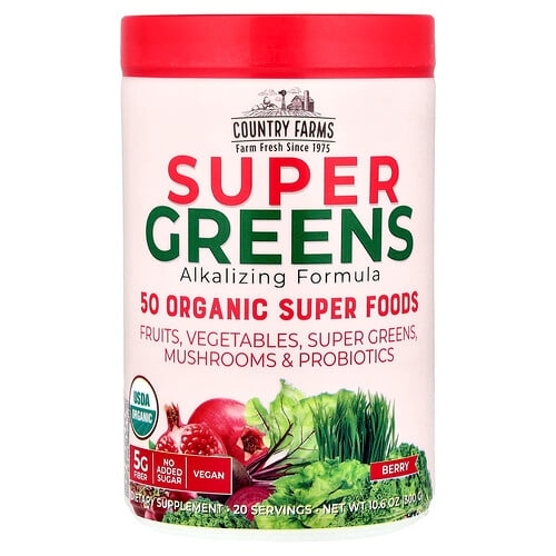 Country Farms, Super Greens, 알칼리화 포뮬라, 베리, 300g(10.6oz) 상세 이미지