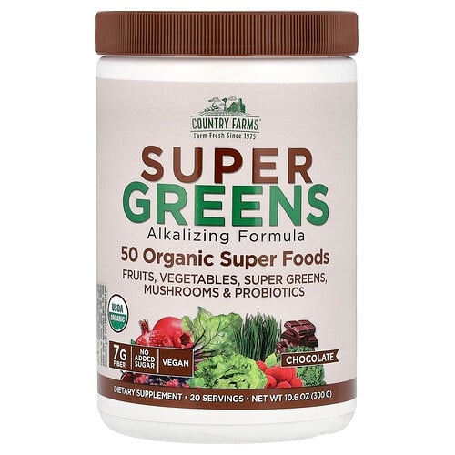 Country Farms, Super Greens, 알칼리화 포뮬라, 초콜릿, 300g (10.6oz) 상세 이미지