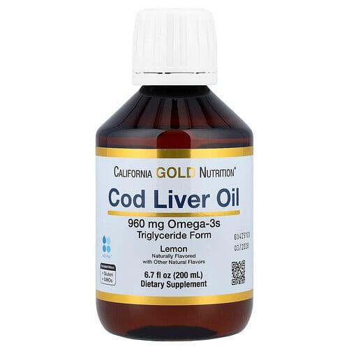 캘리포니아 골드 뉴트리션 California Gold Nutrition, 대구 간유, 오메가3 지방산, EPA, DHA, 비타민A, D 함유, 노르웨이산, 트리글리세리드 형태, 천연 레몬향, 200ml(6.7fl oz) 상품 이미지