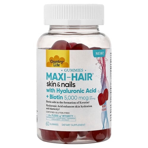 컨츄리 라이프 Country Life, Maxi-Hair® 스킨 및 네일 구미젤리, 히알루론산 + 비오틴, 베리 함유, 구미젤리 60개 상세 이미지