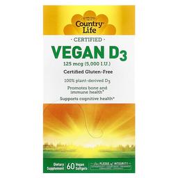 컨츄리 라이프 Country Life, 비건 인증 D3, 125mcg(5,000IU), 비건 소프트젤 60정