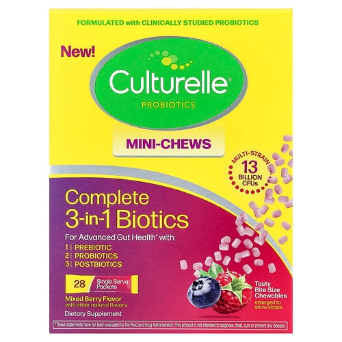 컬처렐 Culturelle, 컴플리트 3-in-1 Biotics, 미니 츄, 믹스 베리, 1회 용량 팩 28개, 각 1.5g(0.05oz) 상세 이미지