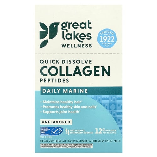 그레잇 레이크 웰니스 Great Lakes Wellness, 빠르게 용해되는 콜라겐 펩타이드, 데일리 마린, 무맛, 20팩, 개당 12g(0.42oz) 상세 이미지